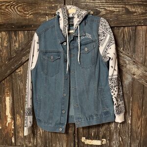 Brooklyn Cloth Blue Denim Jacket with Black and White Patterned Sleeves
